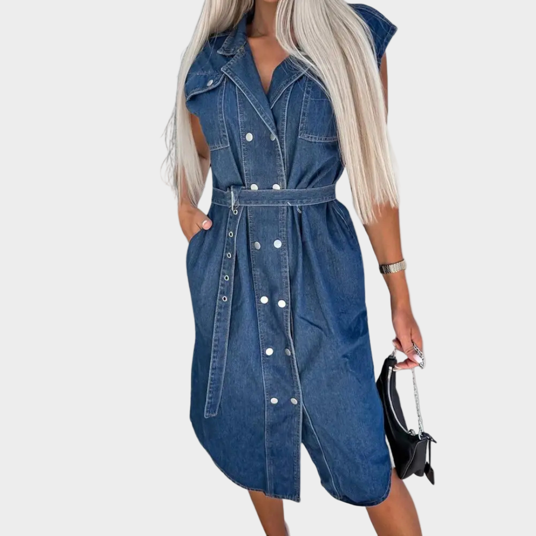 Sleeveless Belted Denim Dress Dark Blue, studio photo