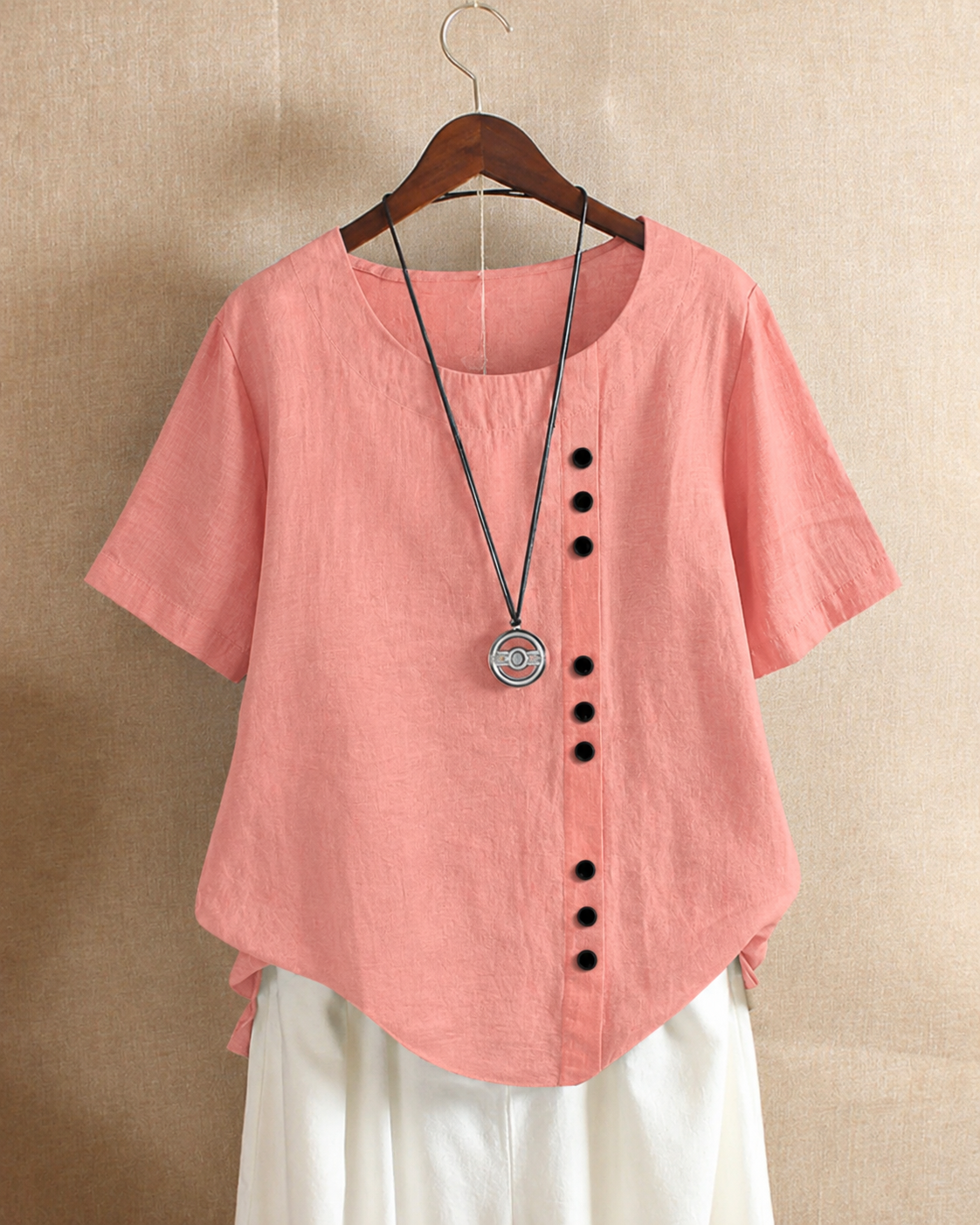 Ursula | Asymmetric Button Blouse Pink, studio photo