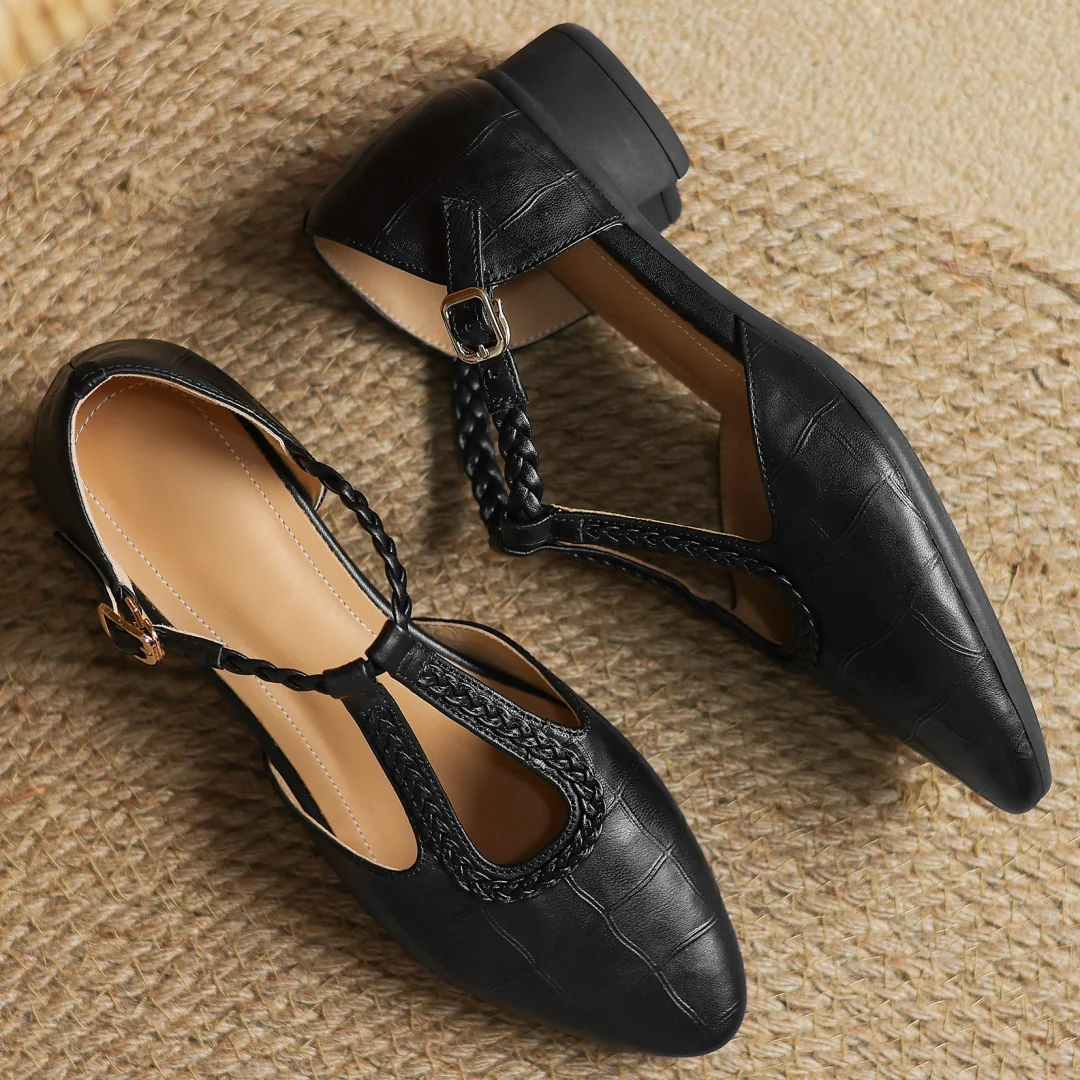 Braided-Strap Leather T-Bar Shoes