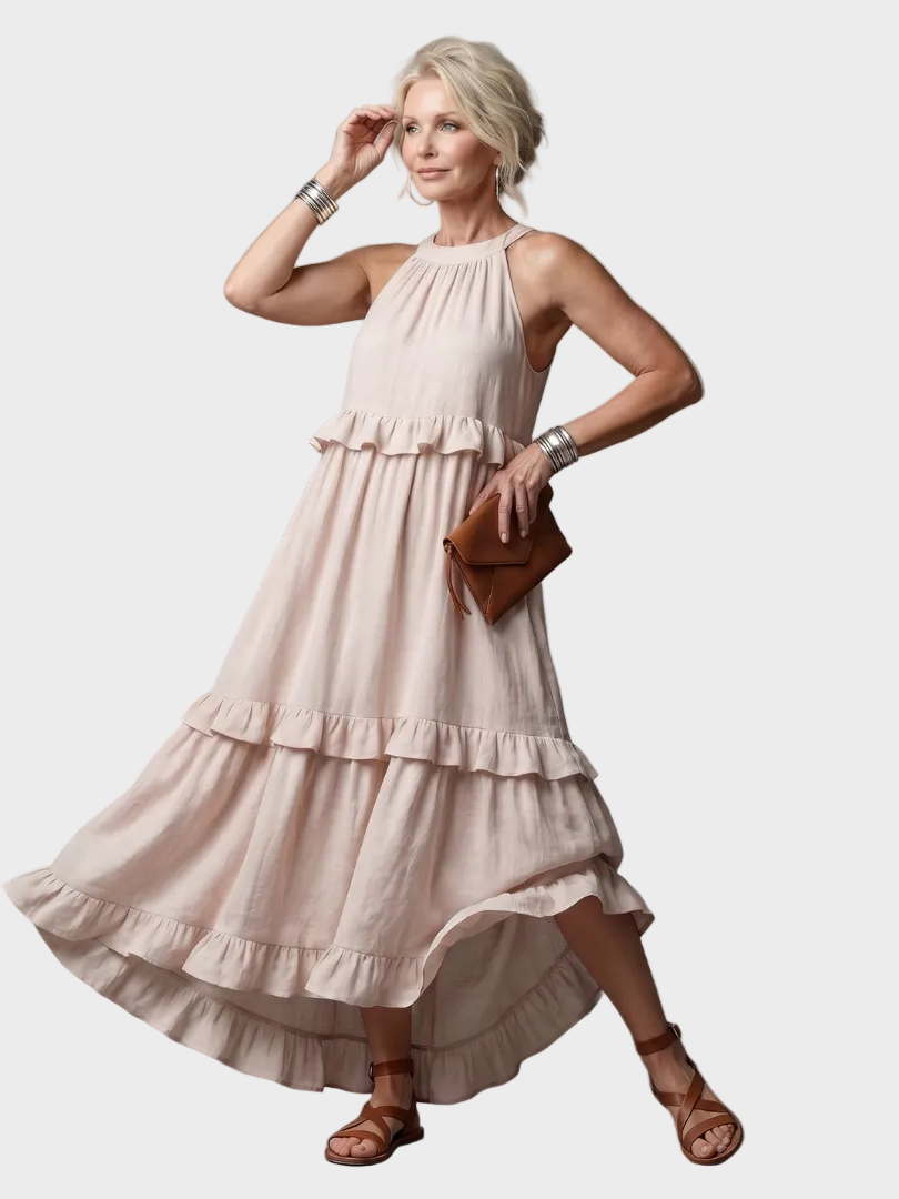 Kathleen | Open-Back Maxi Dress with Ruffles Beige, photo studio