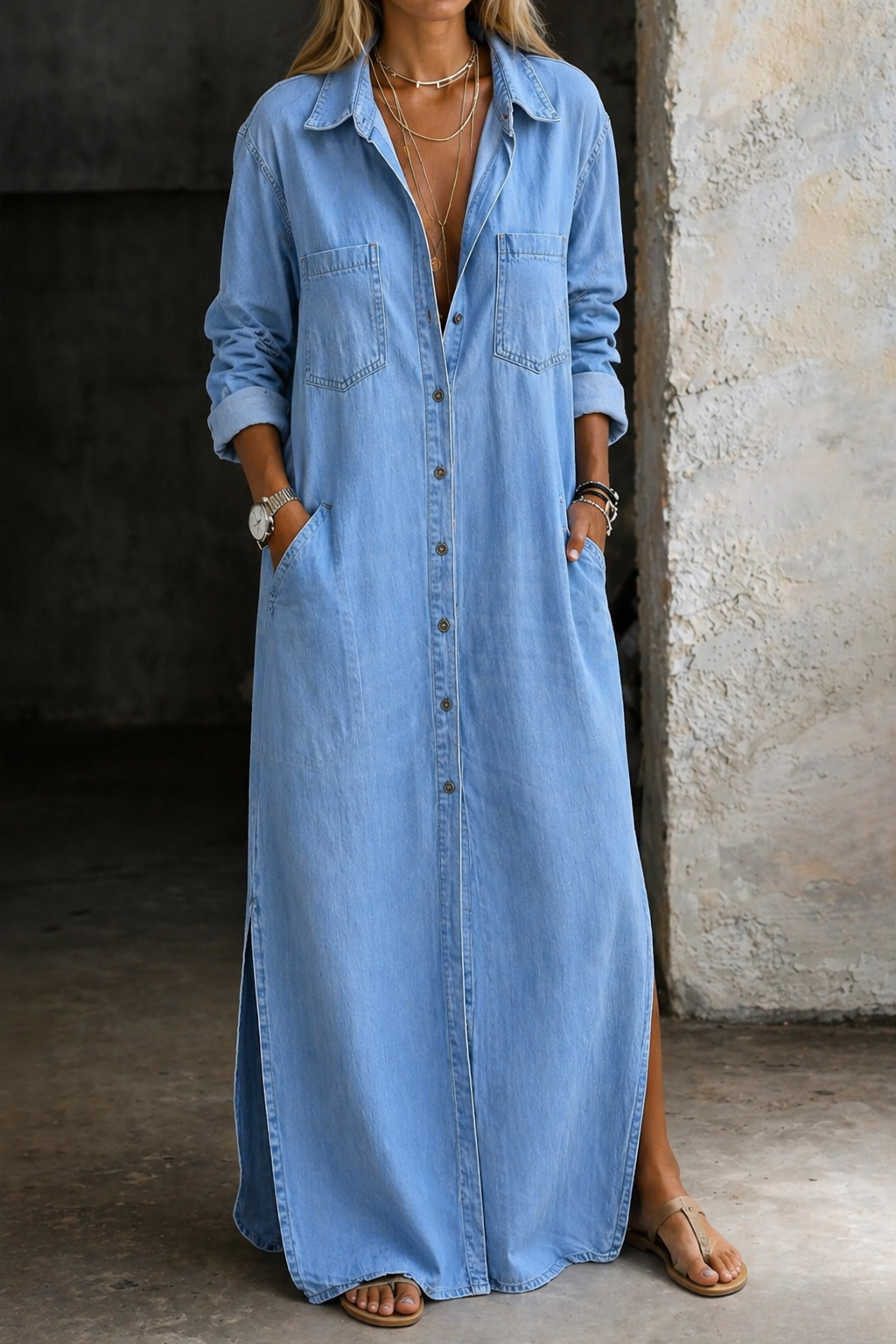 Delaney | Button-Front Dress Blue, photo studio