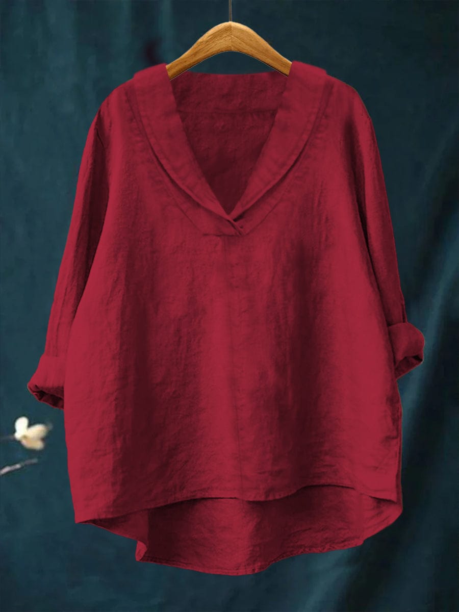 Elegant Summer Blouse in Mustard Linen Red, photo studio