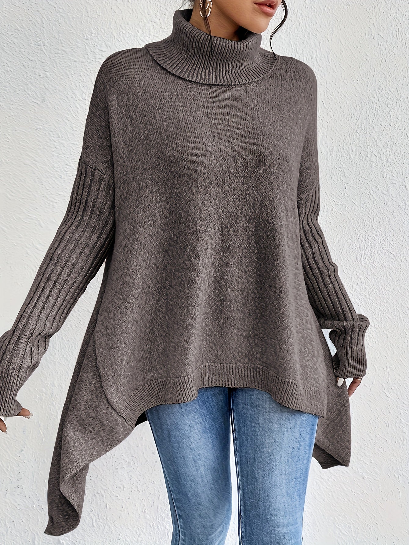 Long Split-Hem Turtleneck Jumper