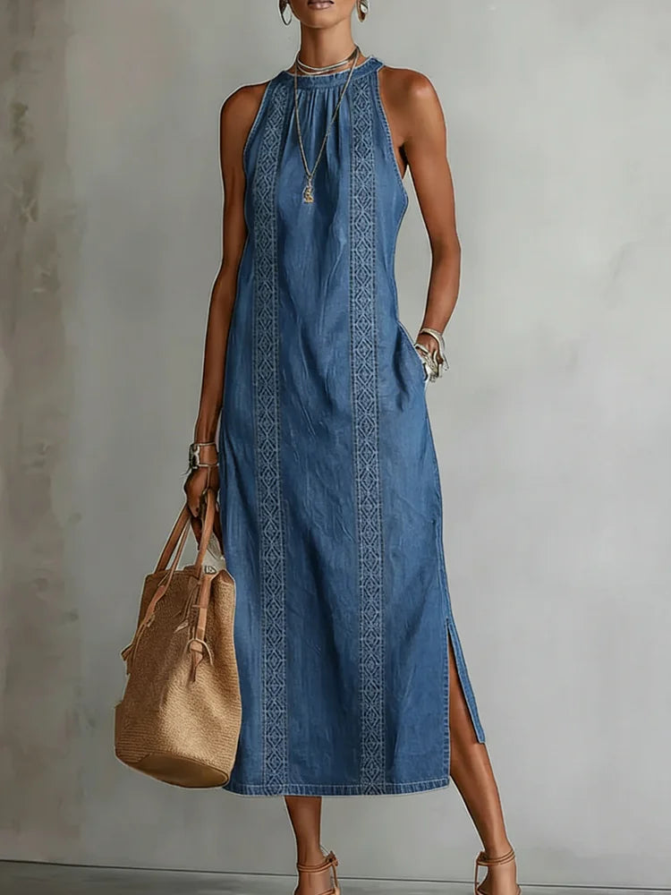 Embroidered High-Neck Denim Maxi Dress Blue, studio photo