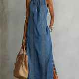 Embroidered High-Neck Denim Maxi Dress