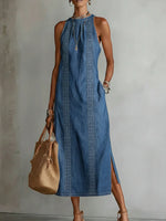Embroidered High-Neck Denim Maxi Dress