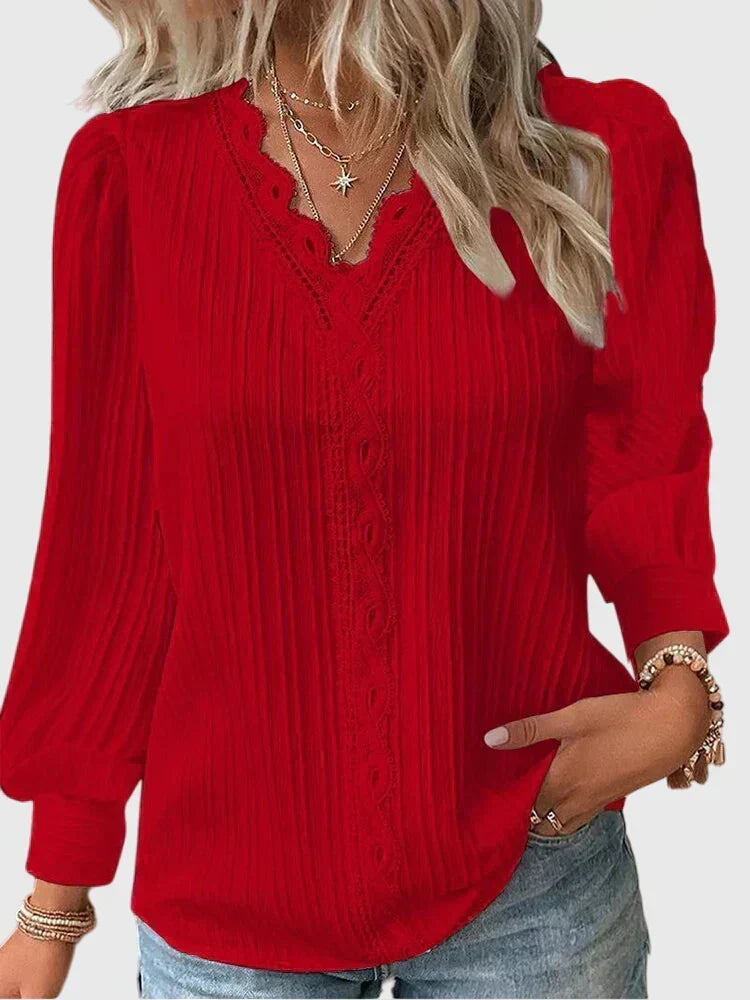 Bertie | Puff-Sleeve V-Neck Blouse Red, studio photo