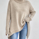 Long Split-Hem Turtleneck Jumper
