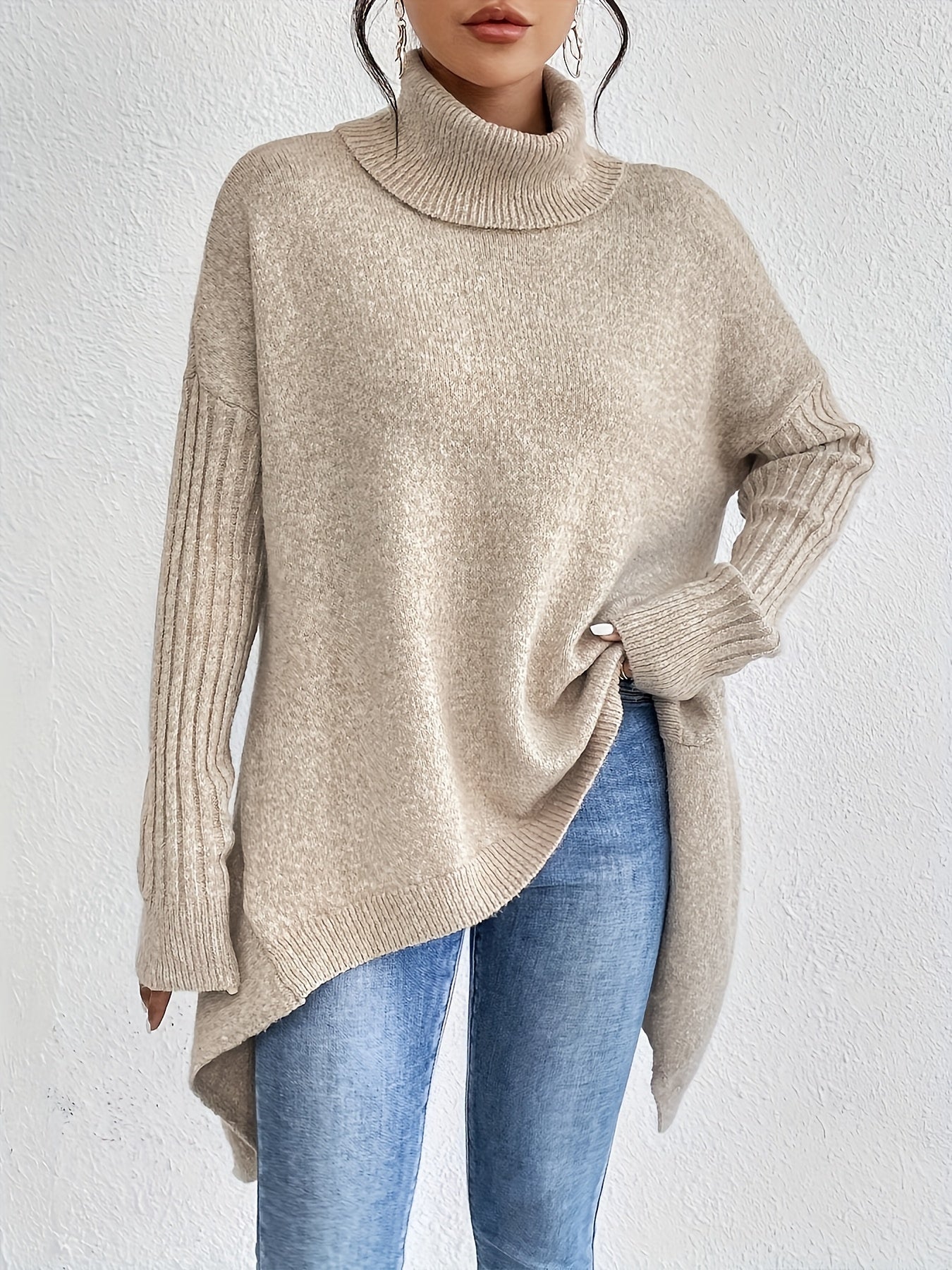 Long Split-Hem Turtleneck Jumper