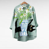 Elegant Summer Blouse in Sage Daisy and Cats
