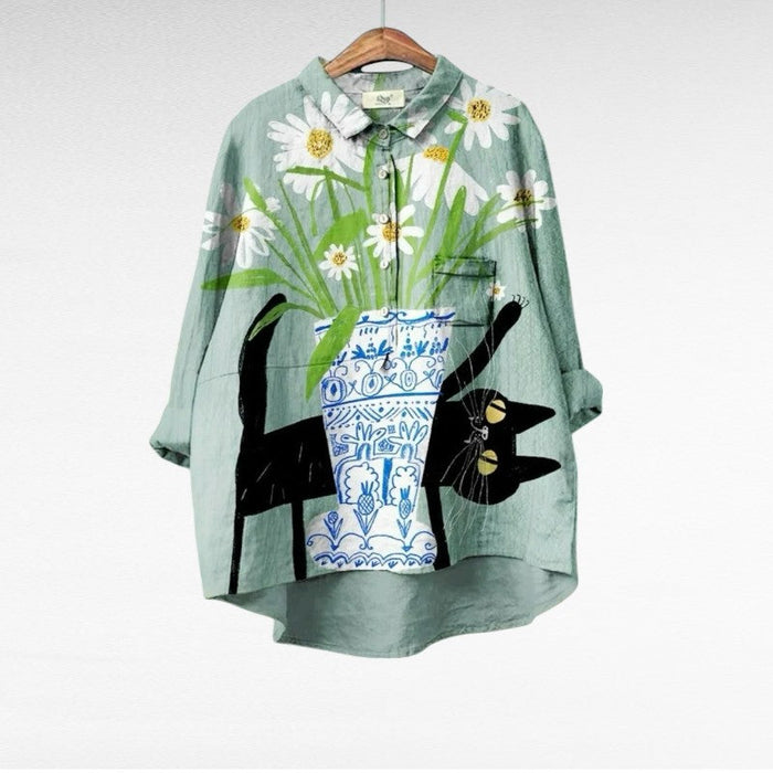 Elegant Summer Blouse in Sage Daisy and Cats