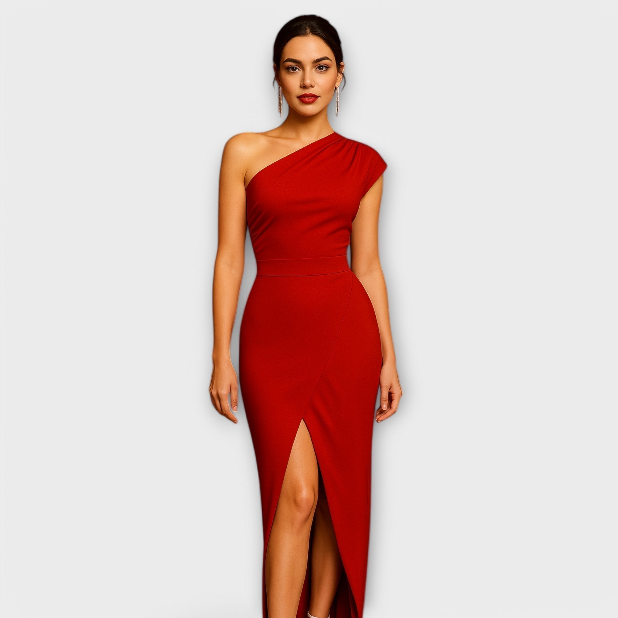 Elegant Asymmetric Evening Dress Red, photo studio