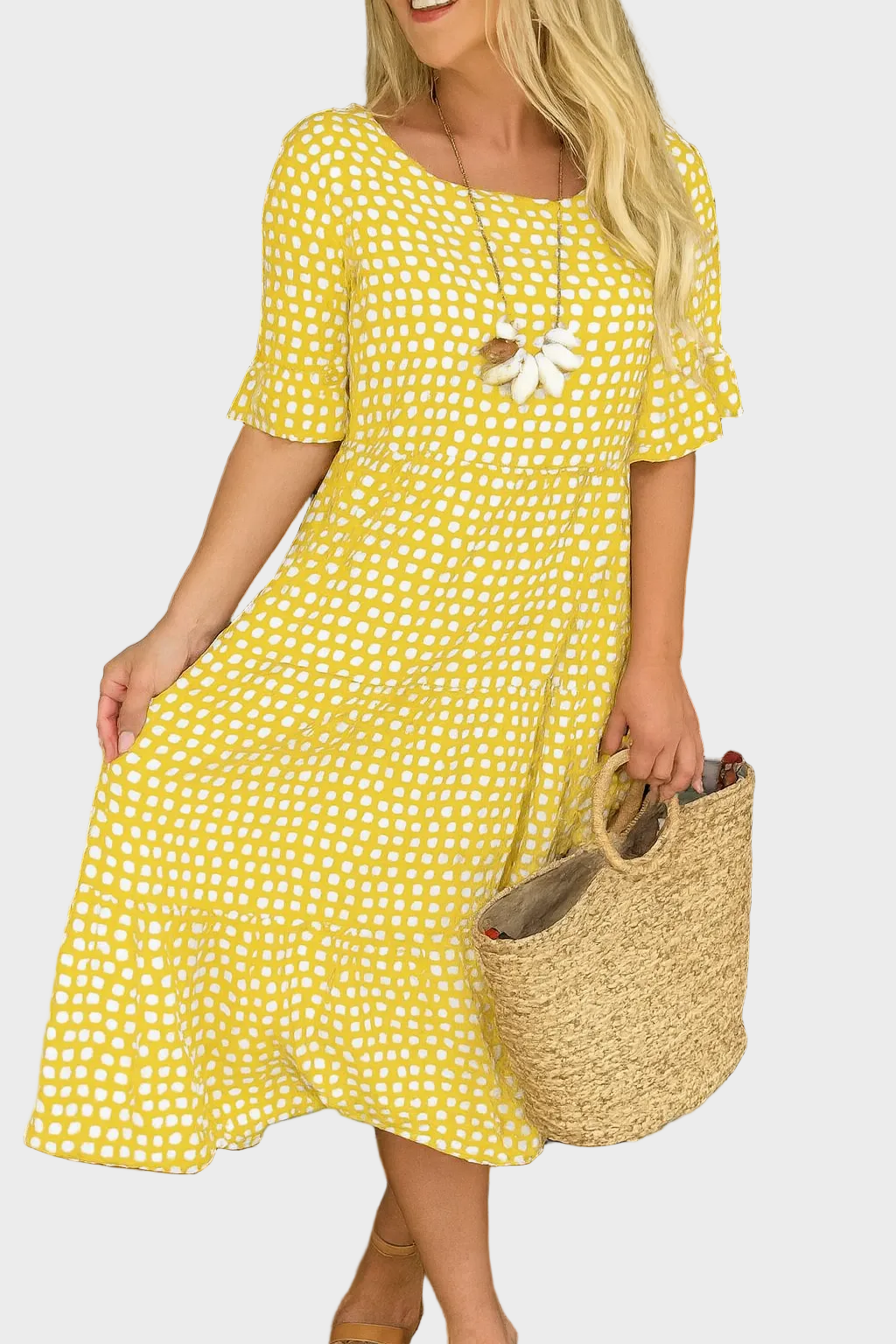 Short-Sleeve Midi Dress Yellow, photo studio