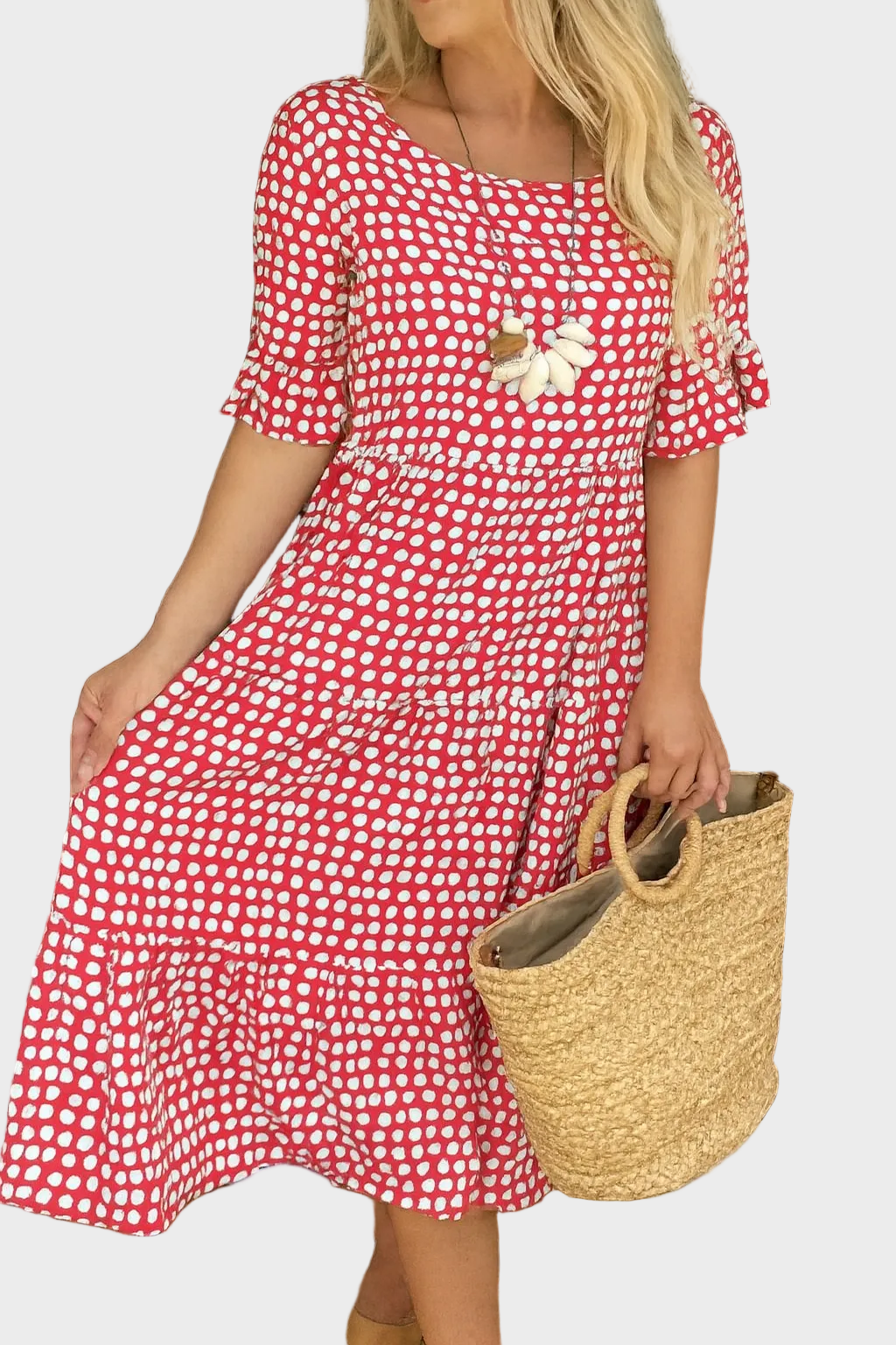 Short-Sleeve Midi Dress Red, photo studio