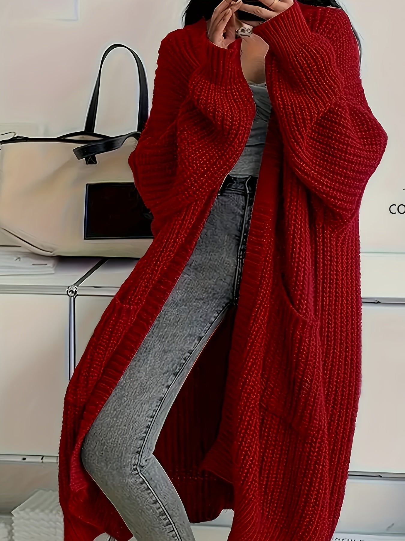 Long Cardigan with Pockets Red, photo studio