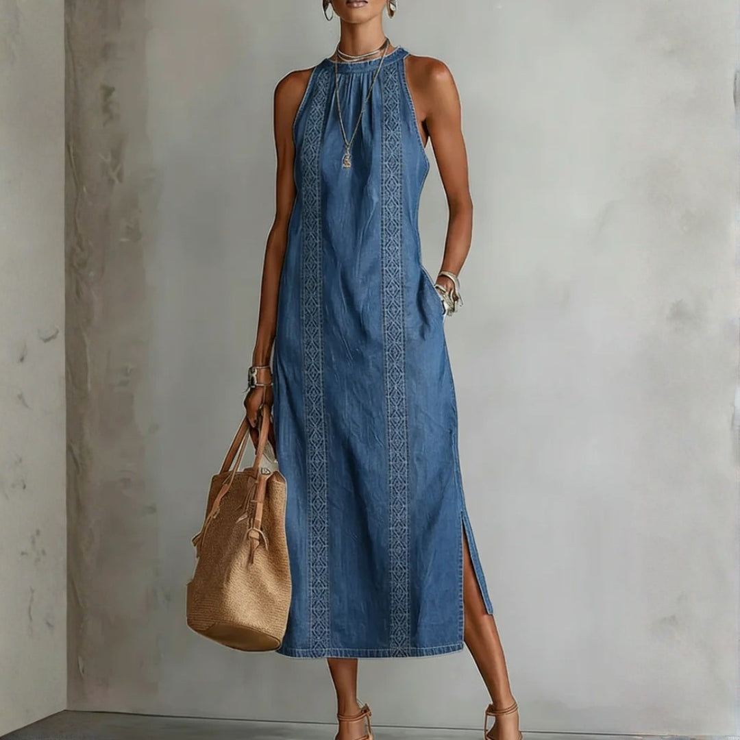 Embroidered High-Neck Denim Maxi Dress