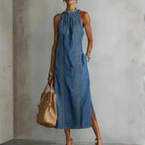 Embroidered High-Neck Denim Maxi Dress