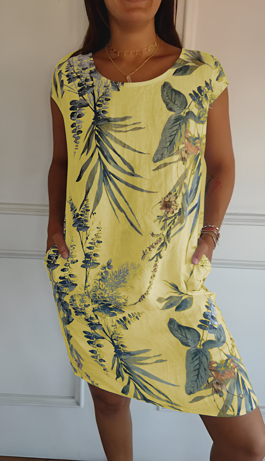 Connie | Refined Print Summer Dress Yellow, studio photo