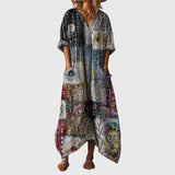 Colourful Print Maxi Dress in Grey Folk Art Collage