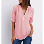 Carole | Zip-Neck Blouse with Roll-Up Sleeves