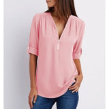 Carole | Zip-Neck Blouse with Roll-Up Sleeves