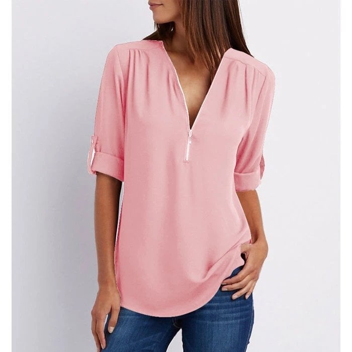 Carole | Zip-Neck Blouse with Roll-Up Sleeves Pink, studio photo