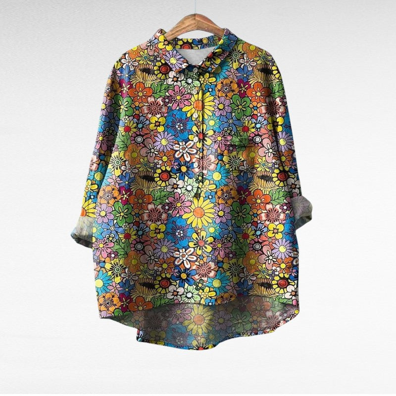 Elegant Summer Blouse in Dark Millefiori Print 1, photo studio