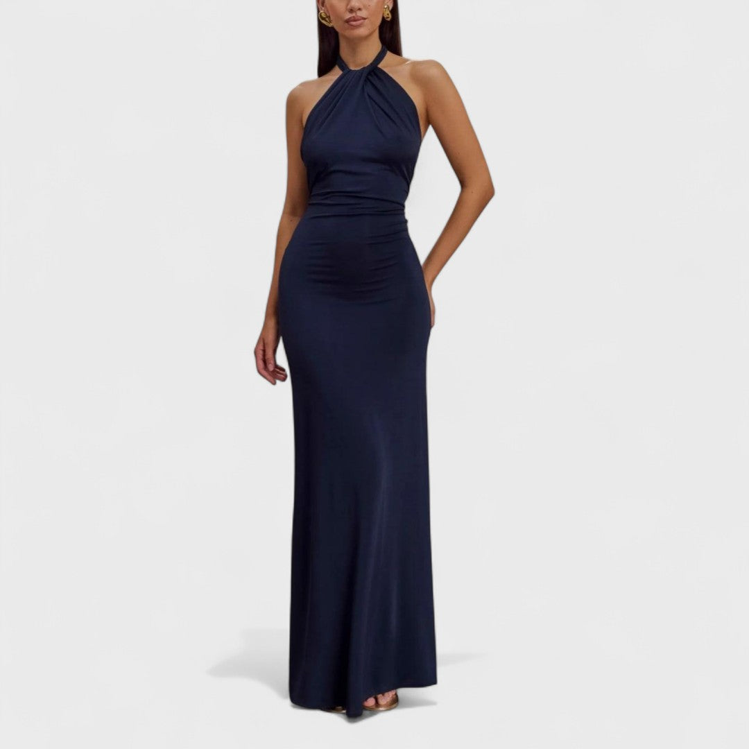 Clara | Open-Back Satin Maxi Dress Lagoon, studio photo