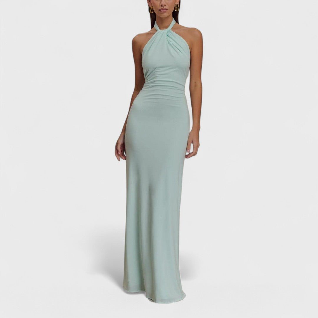 Clara | Open-Back Satin Maxi Dress Navy, studio photo