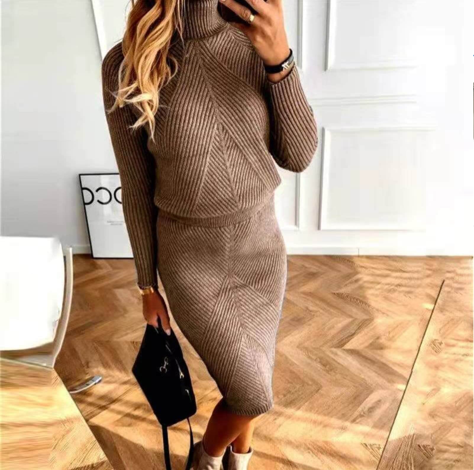 Petra | Knit Turtleneck Midi Dress Brown, studio photo
