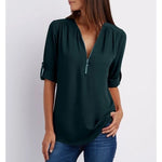 Carole | Zip-Neck Blouse with Roll-Up Sleeves
