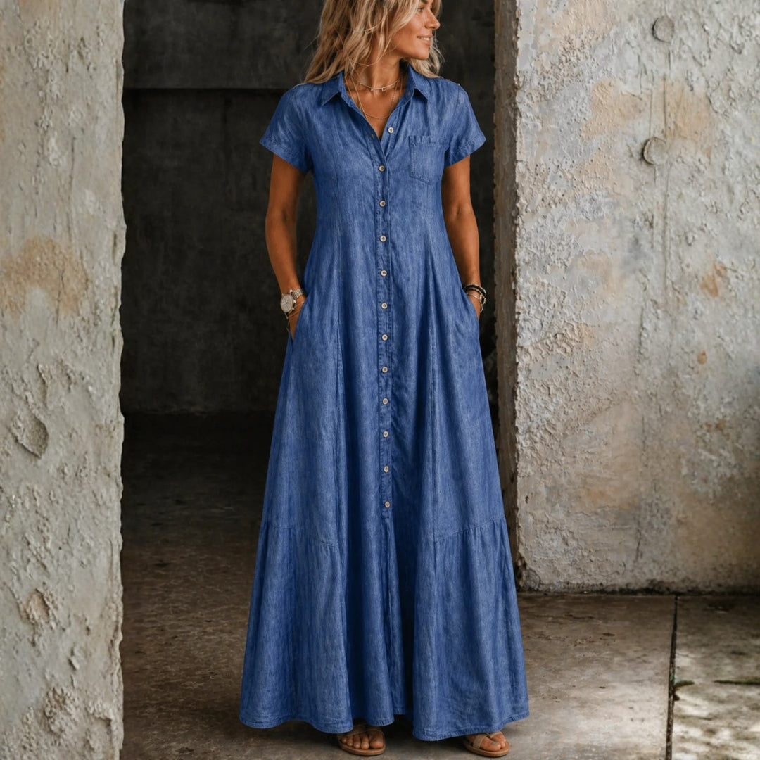 Flared Denim Maxi Shirt Dress