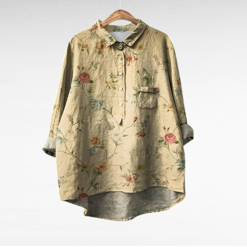 Elegant Summer Blouse in Dark Millefiori Print 5, photo studio
