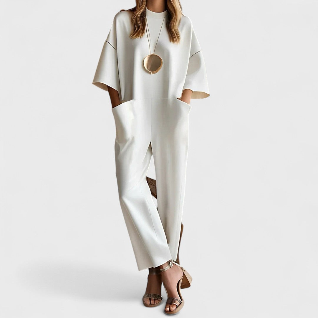 Emmy | Elegant Short-Sleeve Jumpsuit White, studio photo