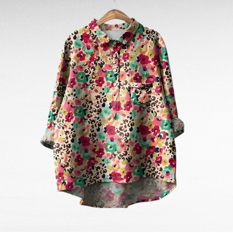 Elegant Summer Blouse in Dark Millefiori Print 2, photo studio
