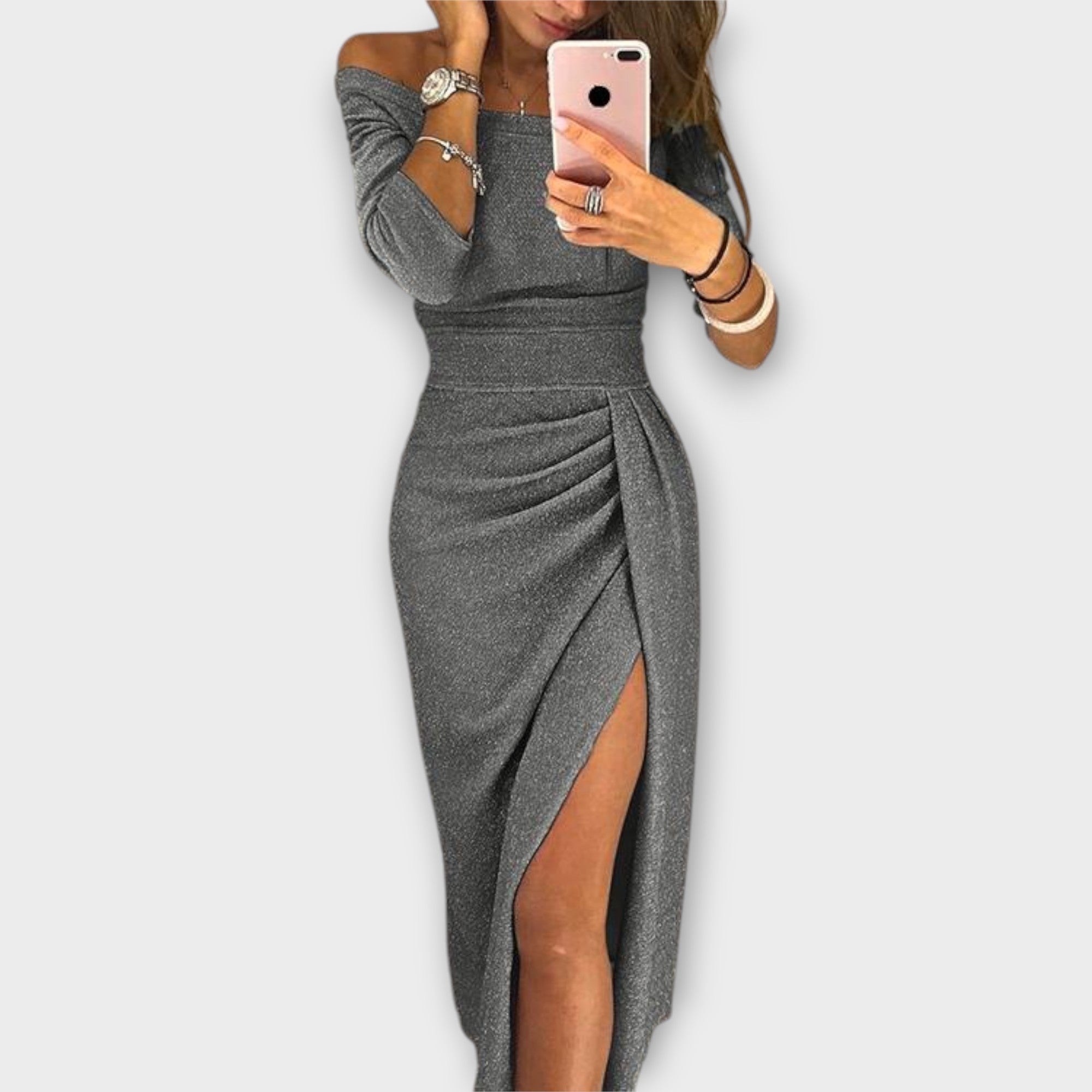 Lena | Elegant Off-Shoulder Dress Grey, photo studio