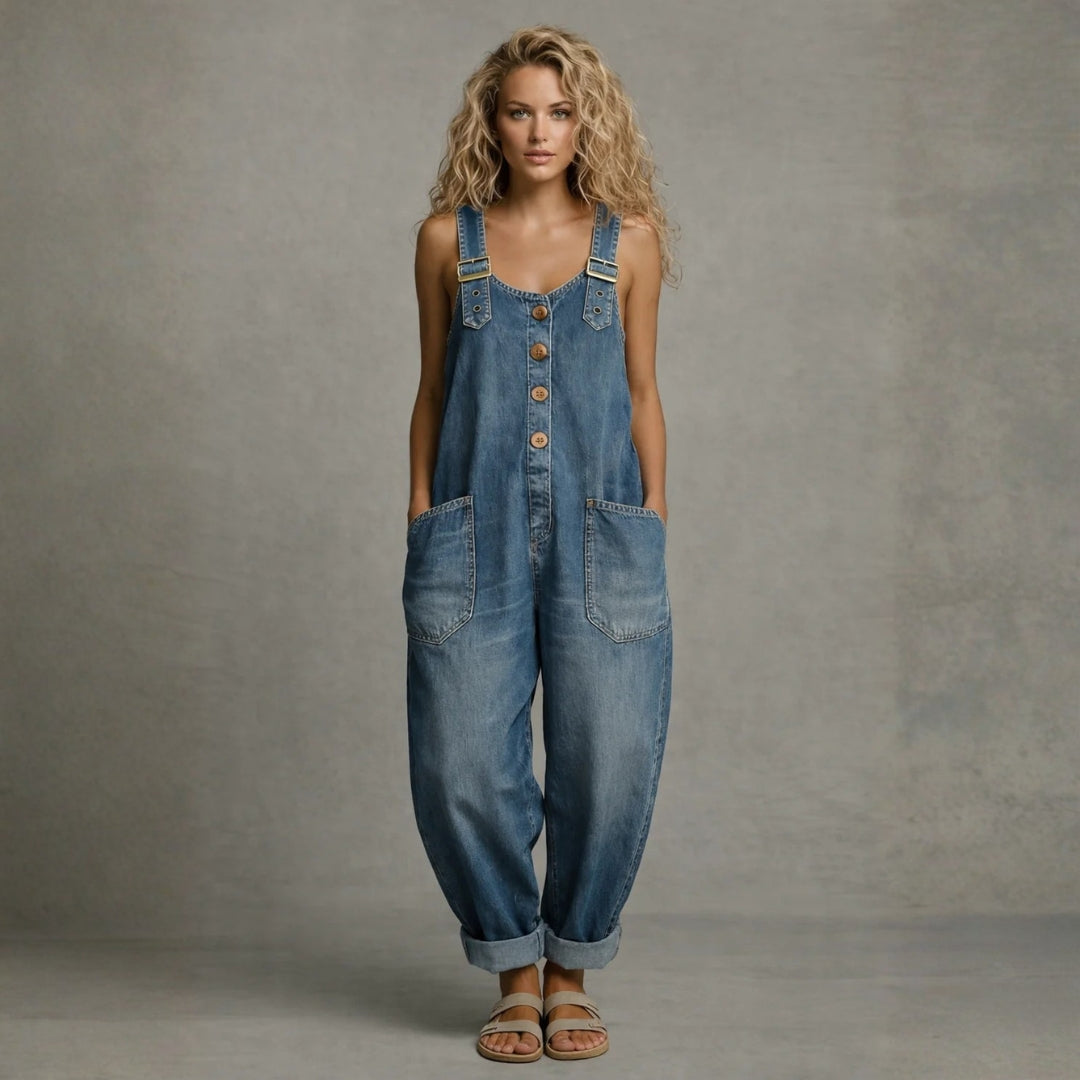 Wide-Strap Buckle Denim Jumpsuit
