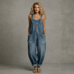 Wide-Strap Buckle Denim Jumpsuit