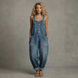 Wide-Strap Buckle Denim Jumpsuit