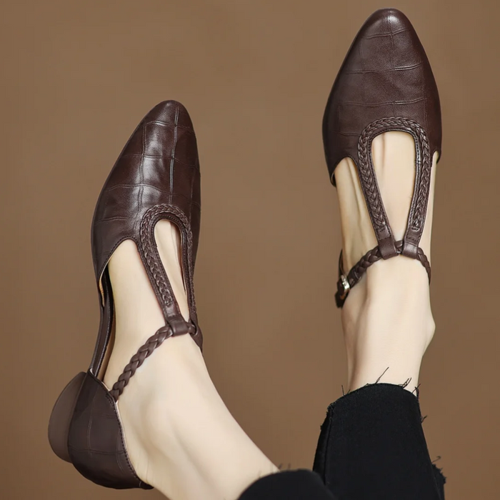 Braided-Strap Leather T-Bar Shoes