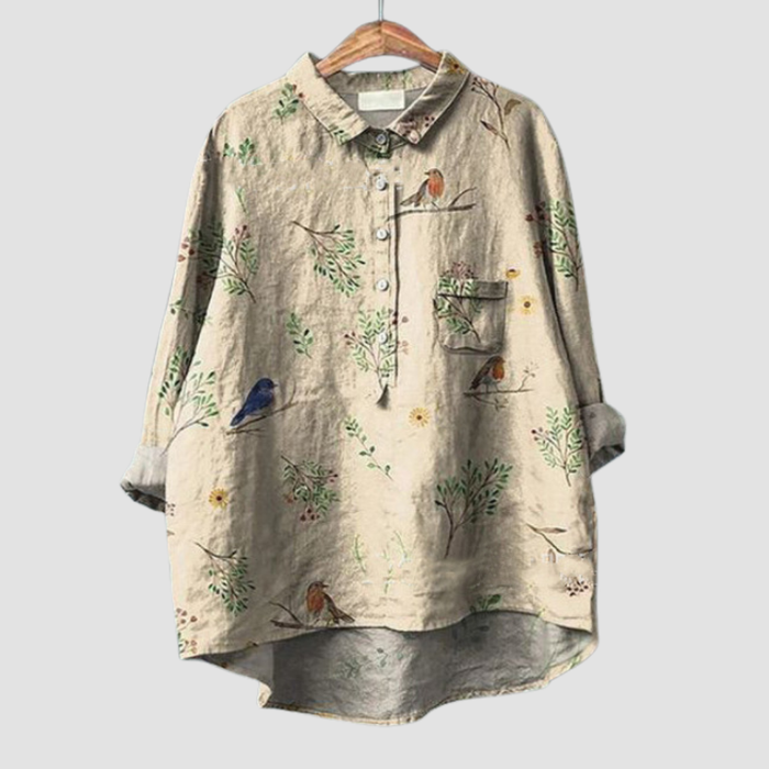 Elegant Summer Blouse in Cream Birds and Branches