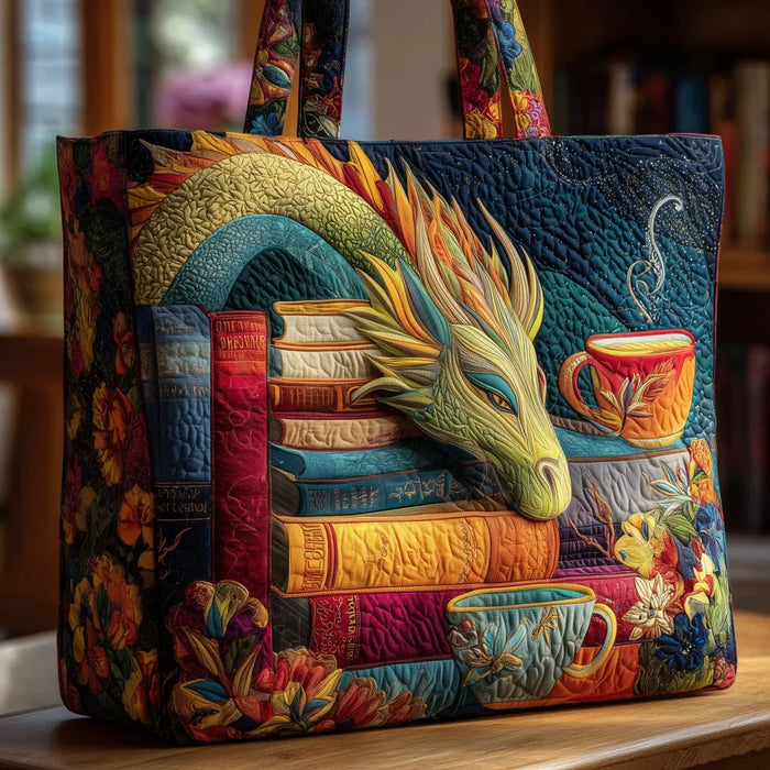 Handcrafted Bag - Reading Dragon with Books and Cups