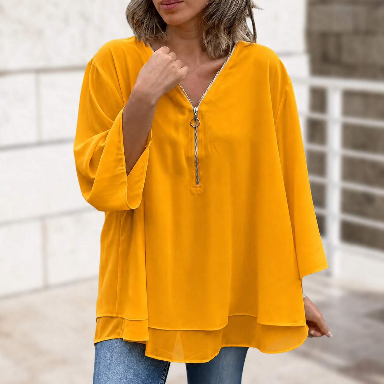 Anika | Double-Hem Zip-Neck Blouse
