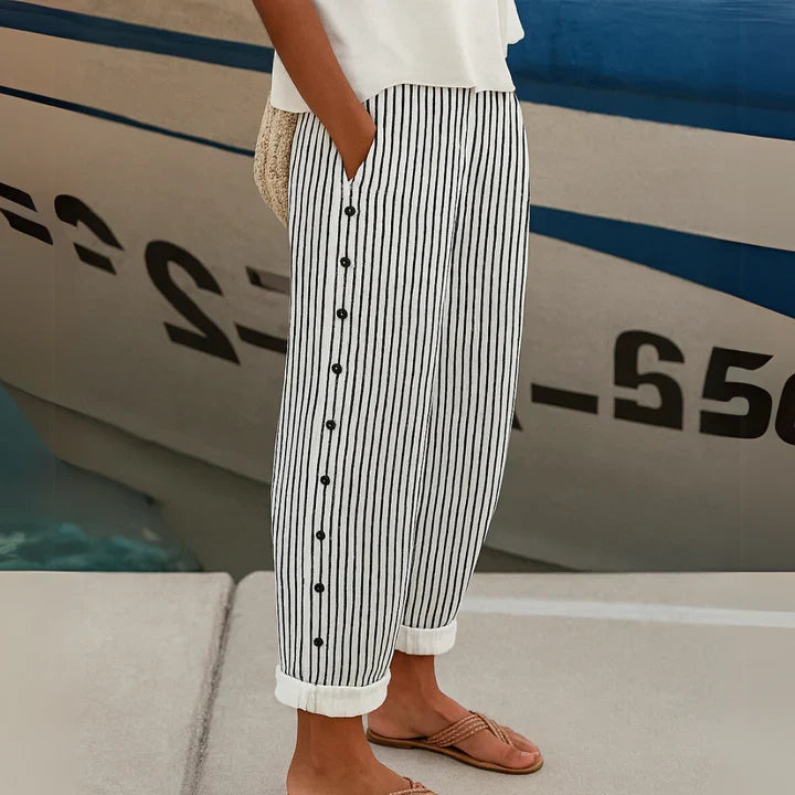 Megan Seabreeze Stripe Button Trousers Black, photo studio