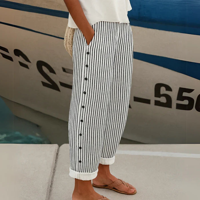 Megan | Striped Tapered Trousers with Side Buttons