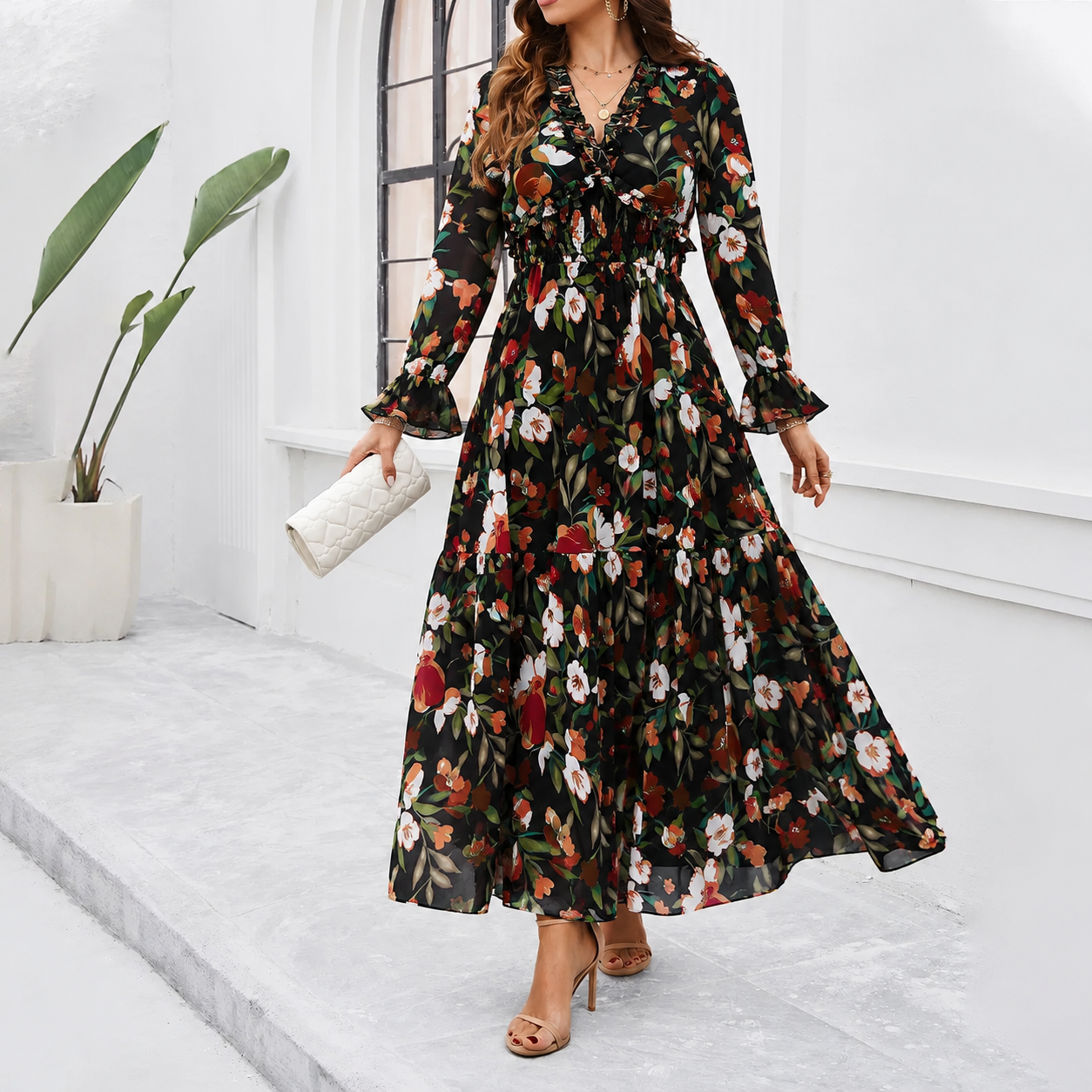 Hester | Elegant Floral Print Dress Black, studio photo