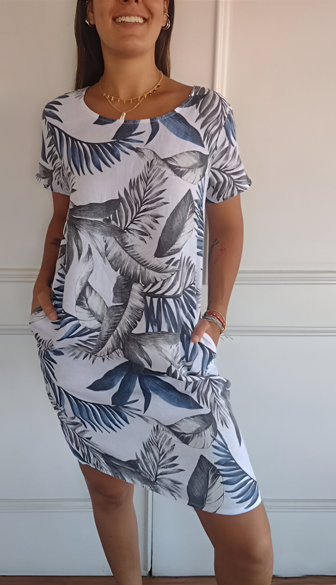 Connie | Refined Print Summer Dress White and Blue, studio photo