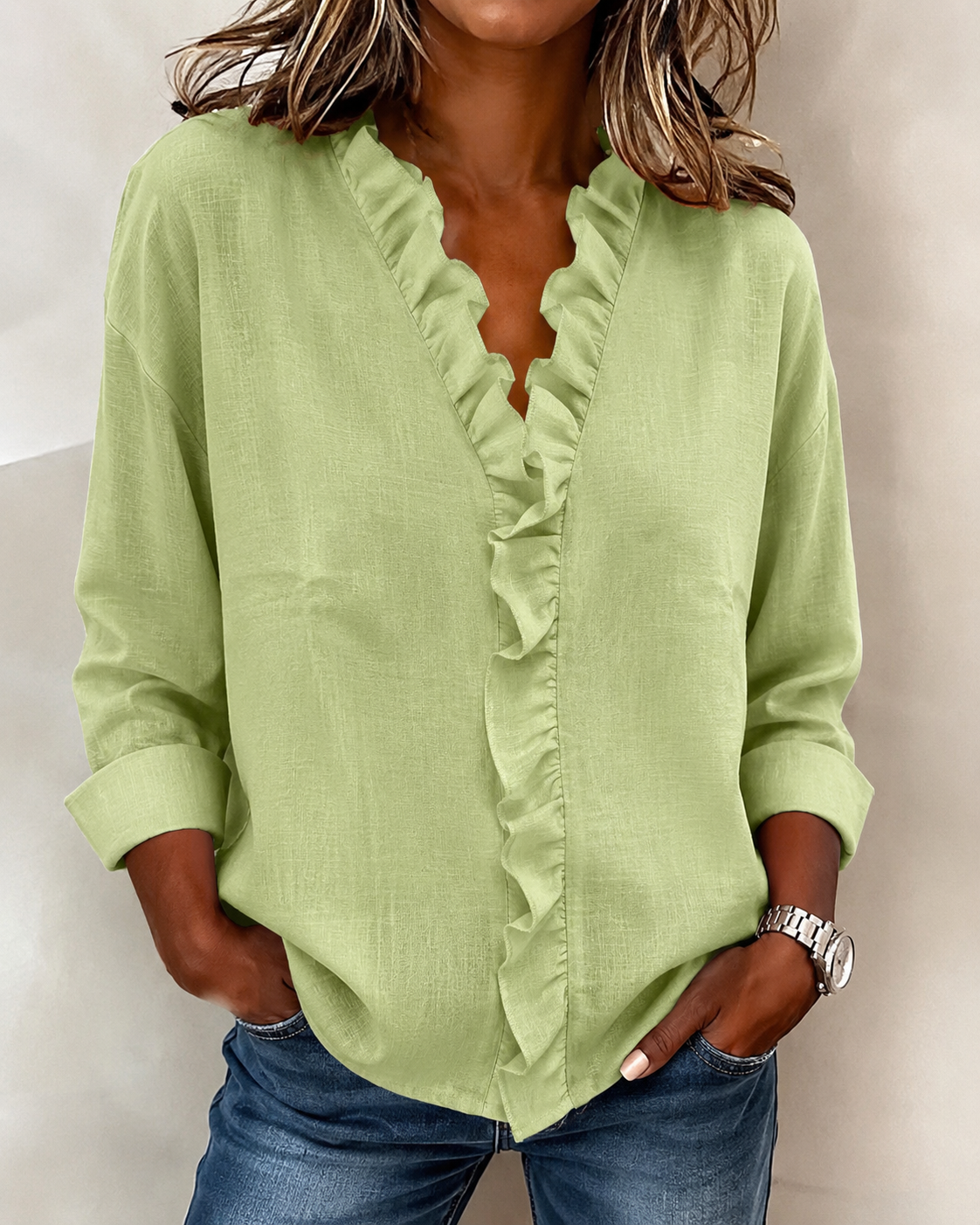 Hope | Refined Ruffled V-Neck Blouse Mint Green, studio photo