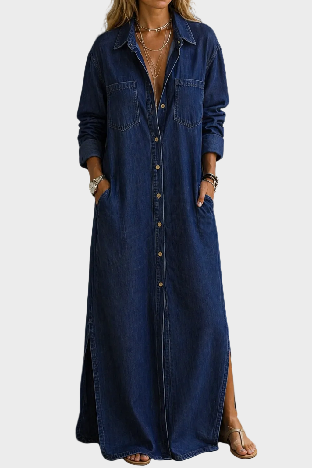 Delaney | Button-Front Dress Dark Blue, photo studio