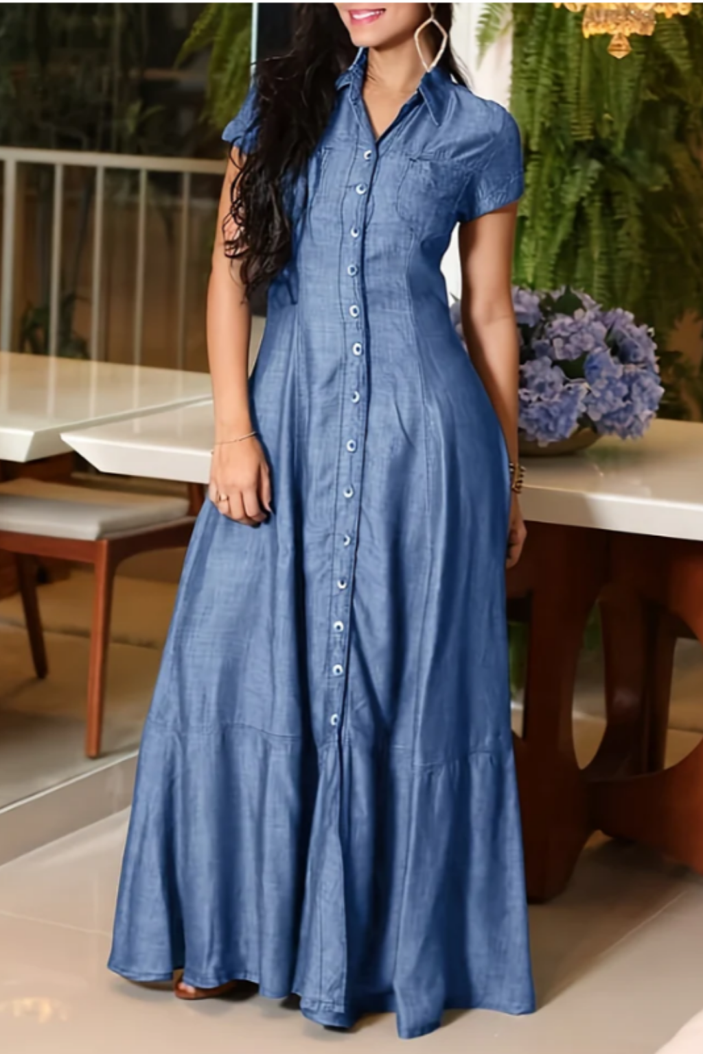 Flared Denim Maxi Shirt Dress